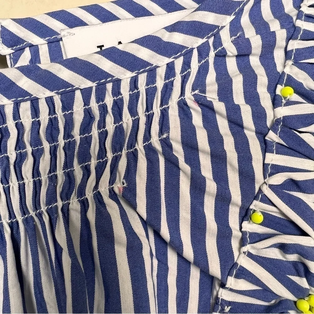 Tanya Taylor Pilar Striped Ruffle-Trim Blouse size 8 Blue White Cotton Blend - Picture 13 of 14